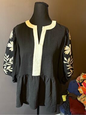 Woven Black Peasant Blouse with Cream Embroidered Trim